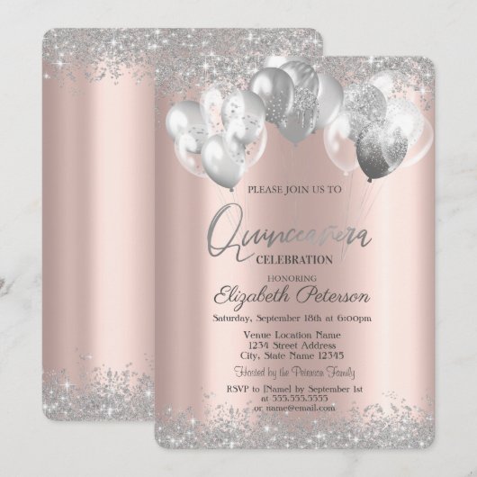 Silver Diamonds Roos Gold Quinceañera Kaart (Voorkant / Achterkant)