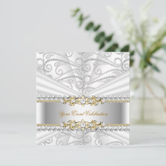 Silver Diamonds White Gold Elegant Birthday Party Kaart (Staand voorkant)