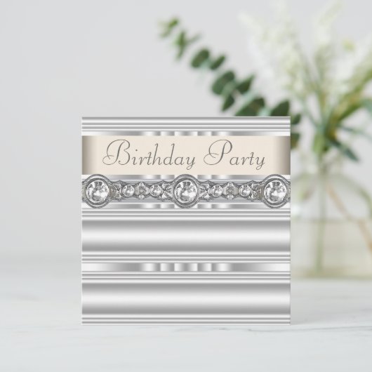 Silver Diamonds White Ivory Cream Birthday Party Kaart (Staand voorkant)