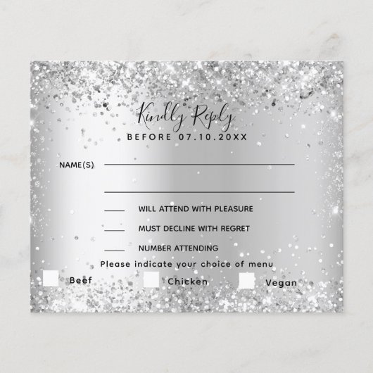 Silver dinner menu choise wedding RSVP card (Voorkant)