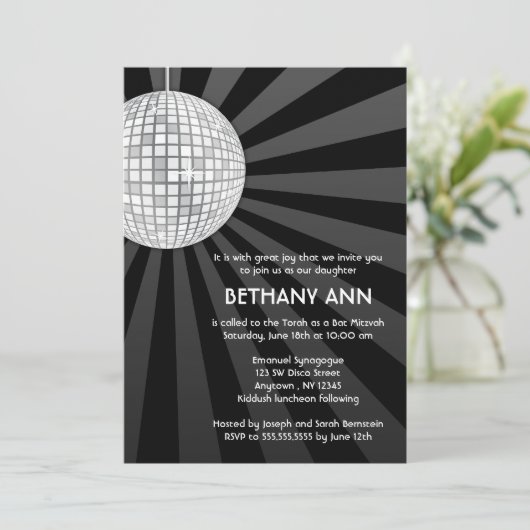 Silver Disco Ball Bat Mitzvah Kaart (Staand voorkant)