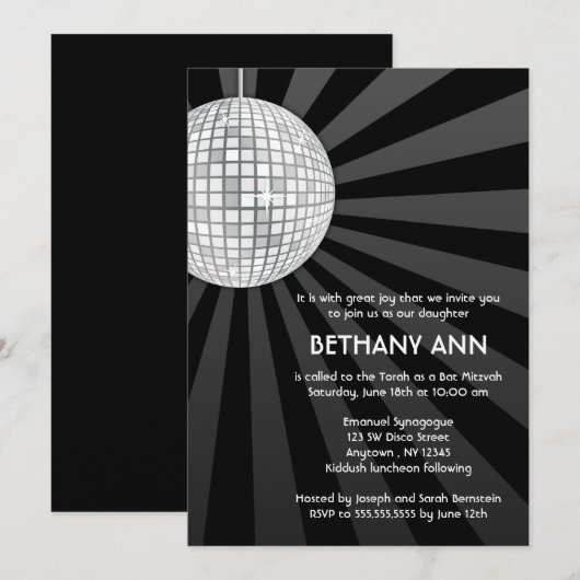 Silver Disco Ball Bat Mitzvah Kaart (Voorkant / Achterkant)