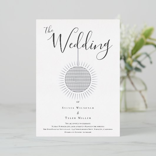 Silver Disco Ball Bruiloft Folie Uitnodiging (Staand Voorkant)