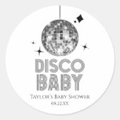 Silver Disco Ball 'Disco Baby' Baby shower Ronde Sticker (Voorkant)
