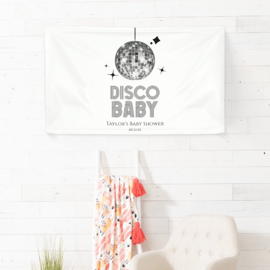 Silver Disco Ball 'Disco Baby' Baby shower Spandoek (Insitu)