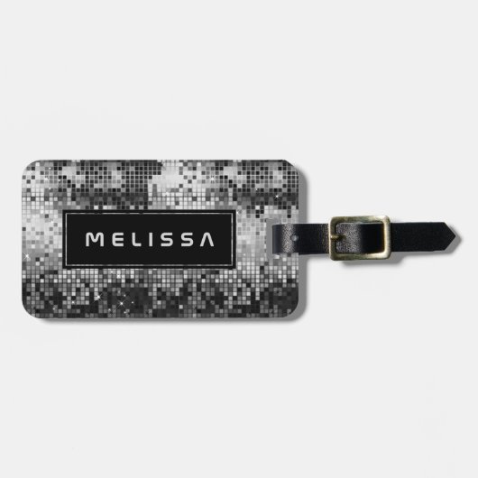 Silver Disco ball Glitter Black Accent Monogram Bagagelabel (Voorkant horizontaal)