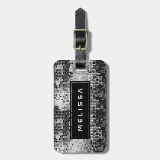 Silver Disco ball Glitter Black Accent Monogram Bagagelabel (Voorkant verticaal)