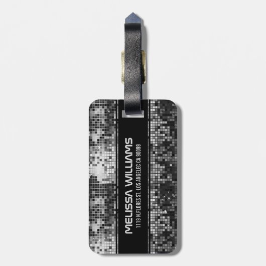 Silver Disco ball Glitter Black Accent Monogram Bagagelabel (Achterkant verticaal)