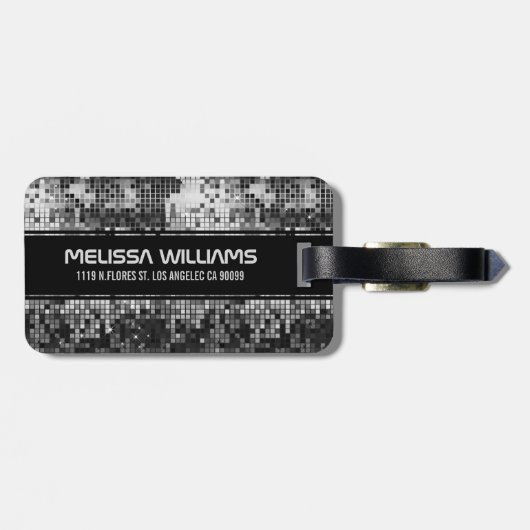 Silver Disco ball Glitter Black Accent Monogram Bagagelabel (Achterkant horizontaal)