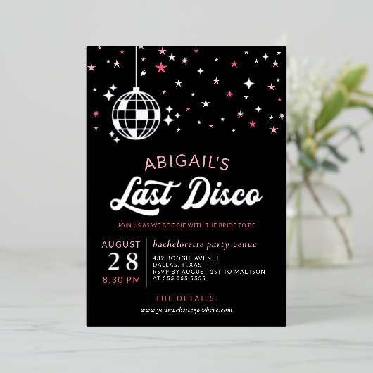 Silver Disco Ball Stars Bachelorette Last Disco Folie Uitnodiging (Staand Voorkant)