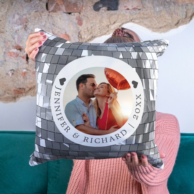Silver Disco Valentijnsdag met foto en tekst Kussen (Silver Disco Valentine's Day with Photo & Text Throw Pillow)