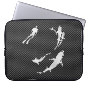 Silver Diver met haaien op koolstofvezelstijl Laptop Sleeve
