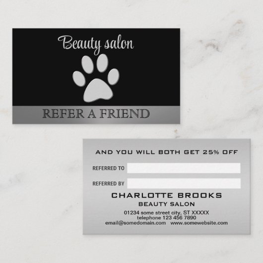 Silver Dog Paw op zwarte achtergrond Aanbevelingskaartje (Voorkant / Achterkant)