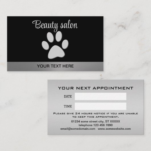 Silver Dog Paw op zwarte achtergrond Afsprakenkaartje (Voorkant / Achterkant)