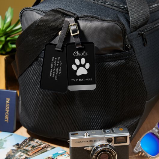 Silver Dog Paw op zwarte achtergrond Bagagelabel (Voorkant /achterkant)