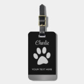 Silver Dog Paw op zwarte achtergrond Bagagelabel (Voorkant verticaal)
