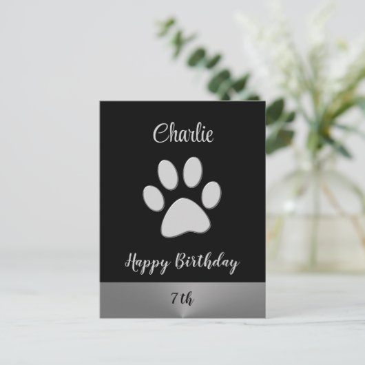 Silver Dog Paw op zwarte achtergrond Briefkaart (Staand voorkant)