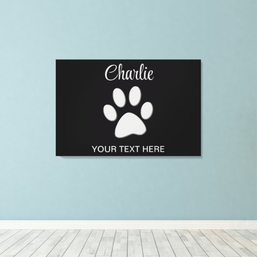 Silver Dog Paw op zwarte achtergrond Canvas Afdruk (Insitu (Houten vloer))