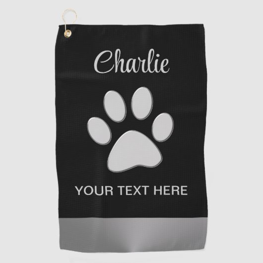 Silver Dog Paw op zwarte achtergrond Golfhanddoek (Voorkant)