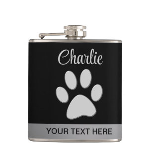 Silver Dog Paw op zwarte achtergrond Heupfles