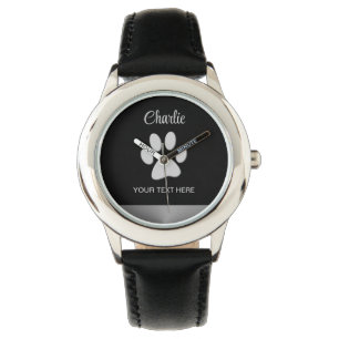 Silver Dog Paw op zwarte achtergrond Horloge
