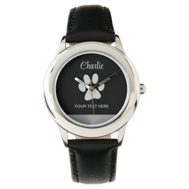 Silver Dog Paw op zwarte achtergrond Horloge (Voorkant)