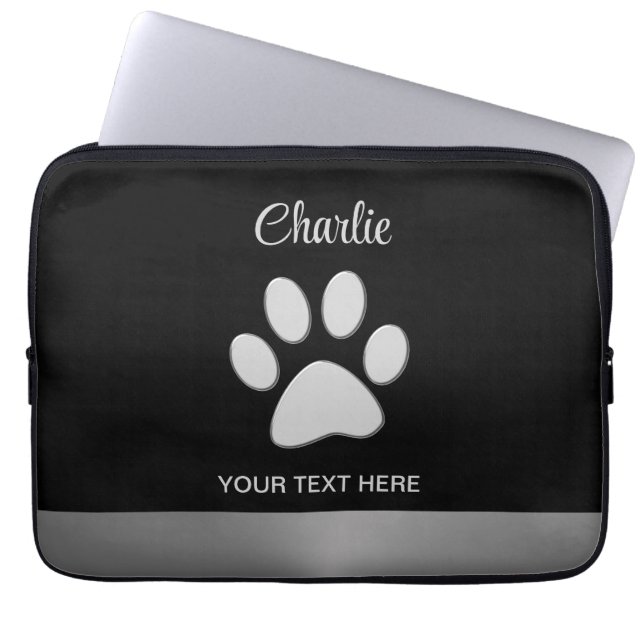 Silver Dog Paw op zwarte achtergrond Laptop Sleeve (Voorkant)