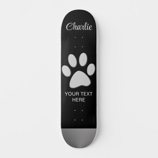 Silver Dog Paw op zwarte achtergrond Persoonlijk Skateboard (Voorkant)