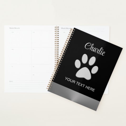 Silver Dog Paw op zwarte achtergrond Planner (Display)