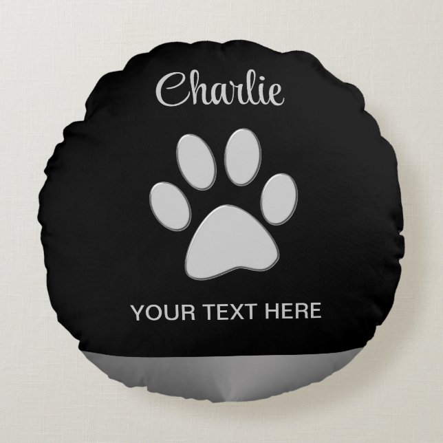 Silver Dog Paw op zwarte achtergrond Rond Kussen (Voorkant)