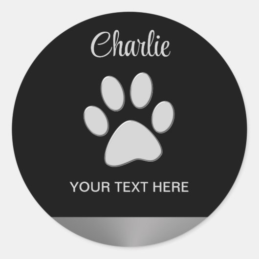 Silver Dog Paw op zwarte achtergrond Ronde Sticker (Voorkant)