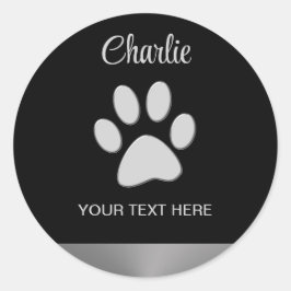 Silver Dog Paw op zwarte achtergrond Ronde Sticker