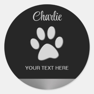 Silver Dog Paw op zwarte achtergrond Ronde Sticker