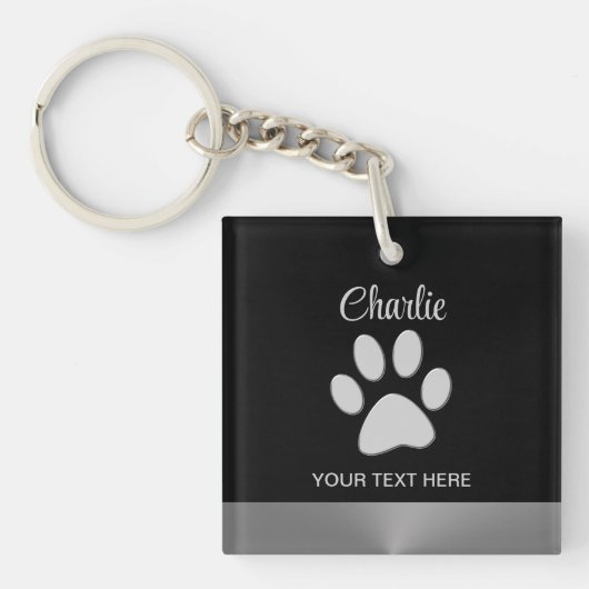 Silver Dog Paw op zwarte achtergrond Sleutelhanger (Voorkant)