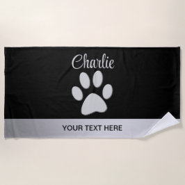 Silver Dog Paw op zwarte achtergrond Strandlaken