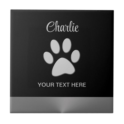 Silver Dog Paw op zwarte achtergrond Tegeltje (Voorkant)