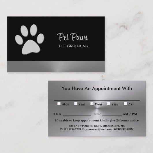 Silver Dog Paw-service voor zwart huisdier Afsprakenkaartje (Voorkant / Achterkant)