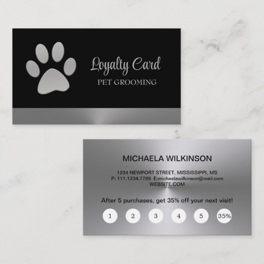 Silver Dog Paw-service voor zwart huisdier Klantenkaartje (Voorkant / Achterkant)