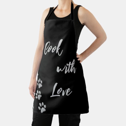 Silver Dog Paws Black Background Print Pattern apr Schort (Insitu)