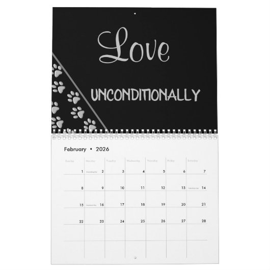 Silver Dog Paws Black Background Print Pattern Cal Kalender (Feb 2026)