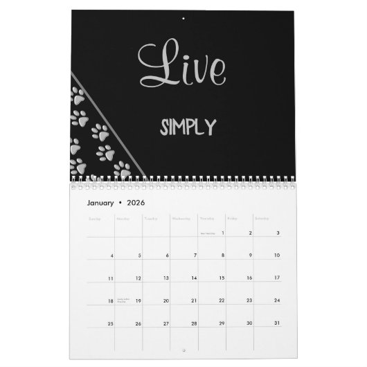 Silver Dog Paws Black Background Print Pattern Cal Kalender (Jan 2026)