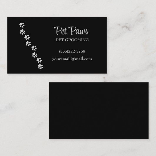 Silver Dog Paws op Black Pet Grooming Service Visitekaartje (Voorkant / Achterkant)
