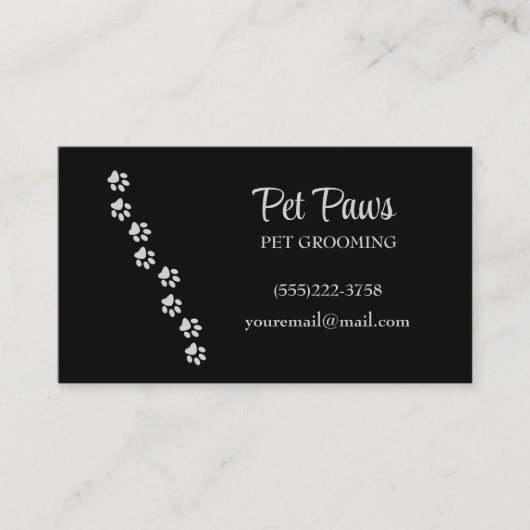 Silver Dog Paws op Black Pet Grooming Service Visitekaartje (Voorkant)