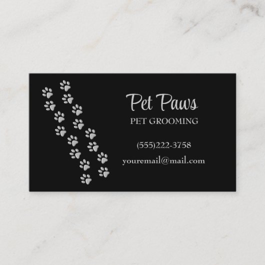 Silver Dog Paws Pattern Pet Grooming Service Visitekaartje (Voorkant)