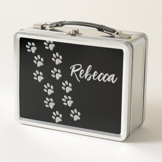 Silver Dog Paws zwarte achtergrond Afdrukpatroon (Voorkant)