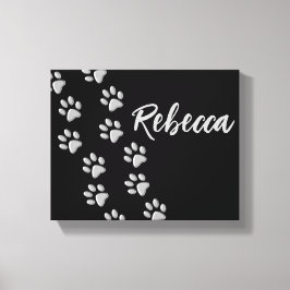 Silver Dog Paws zwarte achtergrond Afdrukpatroon Canvas Afdruk