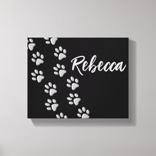 Silver Dog Paws zwarte achtergrond Afdrukpatroon Canvas Afdruk (Voorkant)