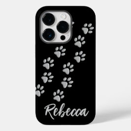 Silver Dog Paws zwarte achtergrond Afdrukpatroon Case-Mate iPhone 14 Pro Hoesje