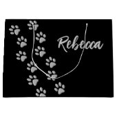 Silver Dog Paws zwarte achtergrond Afdrukpatroon Groot Cadeauzakje (Voorkant)