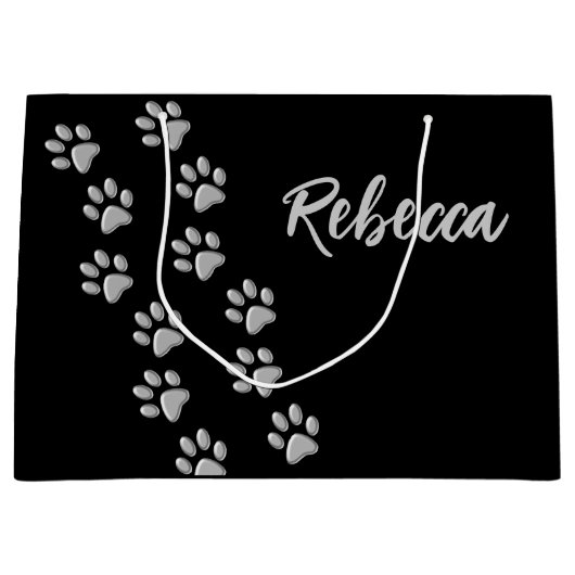 Silver Dog Paws zwarte achtergrond Afdrukpatroon Groot Cadeauzakje (Voorkant)